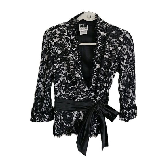 Tadashi Shoji Collection Jacket Wrap 8 Black Lace Overlay Floral Sequin Beaded - Picture 1 of 9